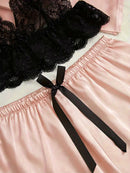 Conjunto de pijama de cetim feminino rosa lingerie sexy roupão de banho renda re