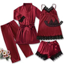 Conjunto de pijama de cetim feminino rosa lingerie sexy roupão de banho renda re