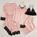 Conjunto de pijama de cetim feminino rosa lingerie sexy roupão de banho renda re