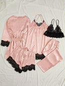 Conjunto de pijama de cetim feminino rosa lingerie sexy roupão de banho renda re