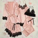 Conjunto de pijama de cetim feminino rosa lingerie sexy roupão de banho renda re