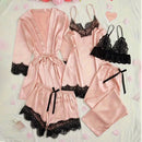 Conjunto de pijama de cetim feminino rosa lingerie sexy roupão de banho renda re