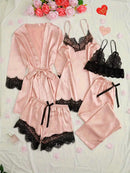 Conjunto de pijama de cetim feminino rosa lingerie sexy roupão de banho renda re